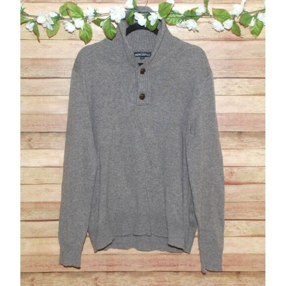 Men’s J. CREW Gray Pullover Sweater L Shawl Cowl Neck 1/4 Button Lambs Wool - Picture 4 of 10